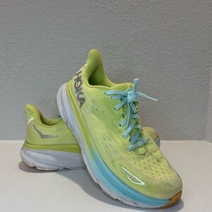 Hoka Women's Neon Yellow and Light Blue Running Sneakers